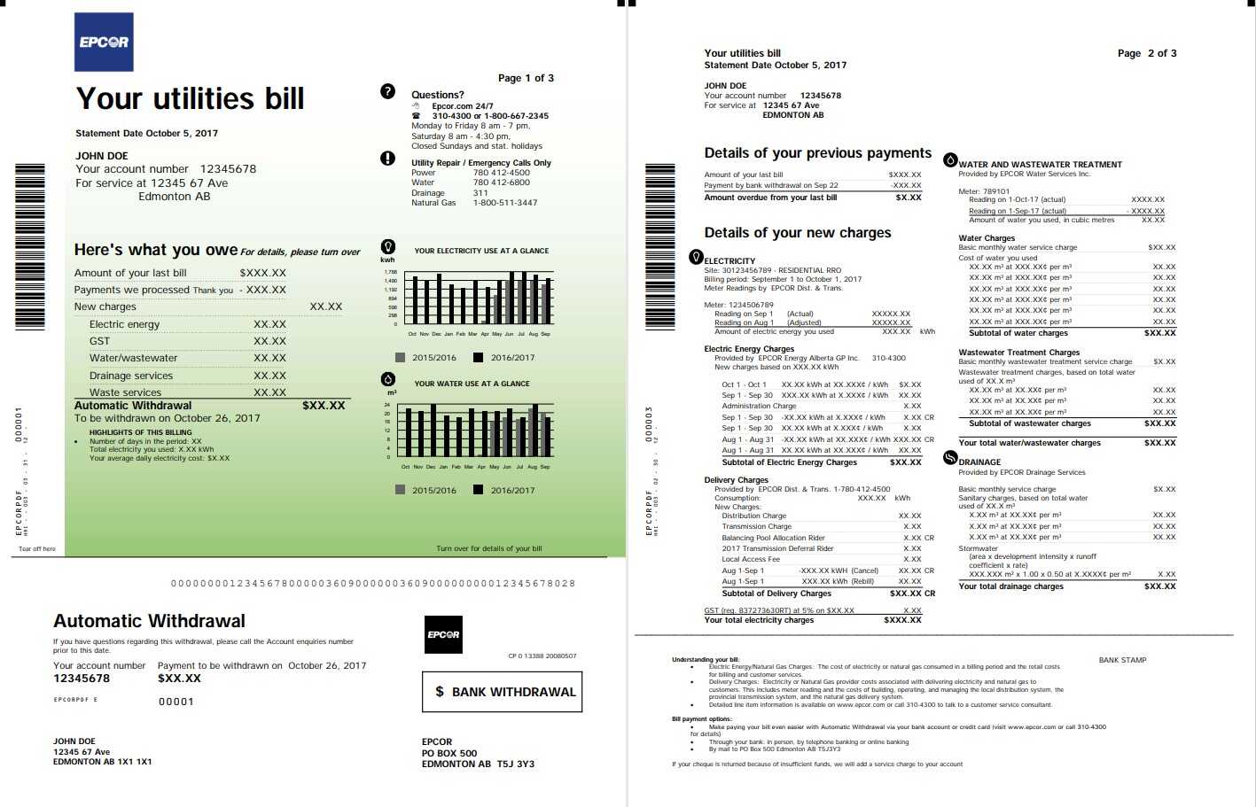 Canada Epcor electricity utility bill template in Word and PDF format, 3 pages 1 2